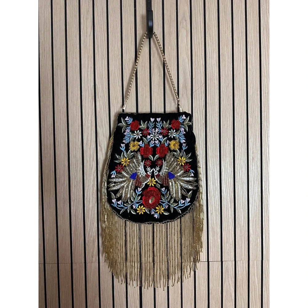 Ramla‎ Mumbai Pouch Bag Black Velvet Embroidered Peacock Beaded Fringe Evening